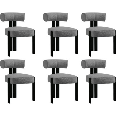 Chaises de salle à manger rembourrées avec dossier cylindrique haut et pieds en bois massif noir | Tissu en lin gris foncé pour la cuisine, le salon et le restaurant