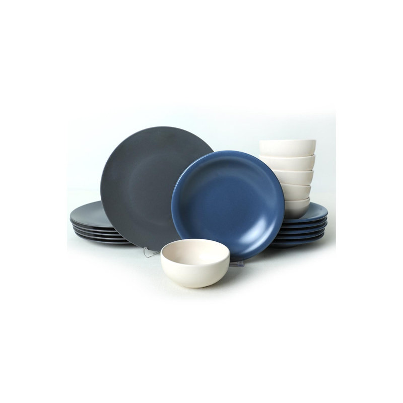 Service de table en céramique 18 pièces, bleu et blanc | 100% céramique, antibactérien, facile à nettoyer | Comprend 6 assiettes de service (10,2 po), 6 assiettes plates (8,7 po), 6 bols (4,7 po) | Va au lave-vaisselle et au micro-ondes, résiste aux chocs thermiques
