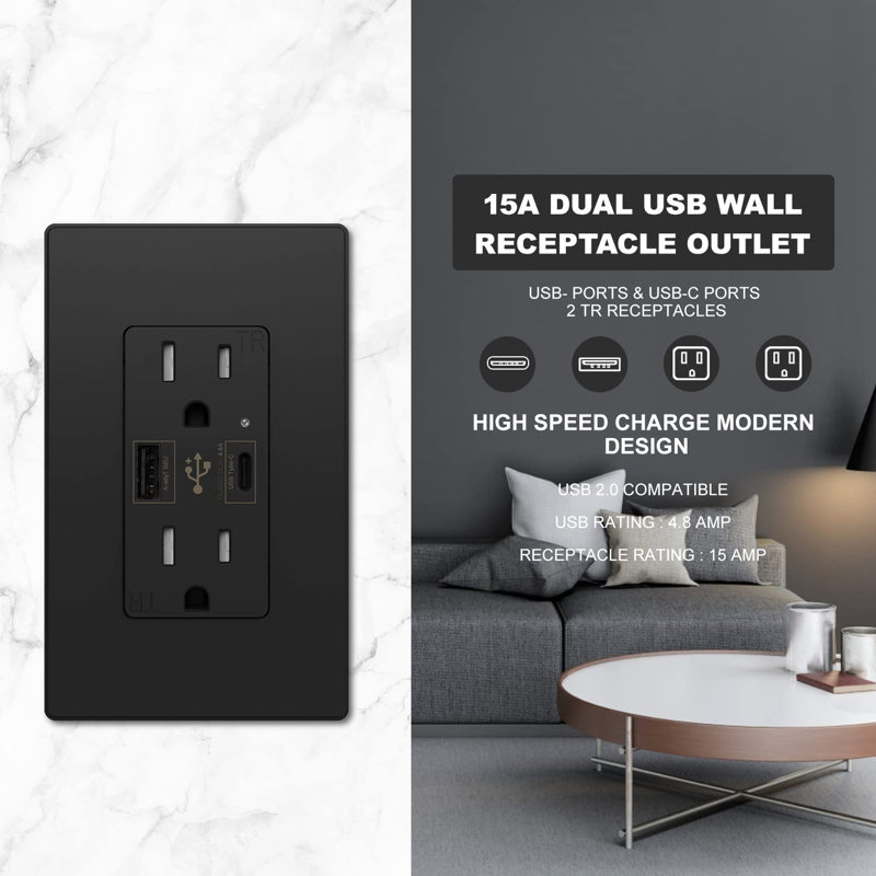 Black 15A Tamper Resistant Duplex Outlet with USB-C Ports