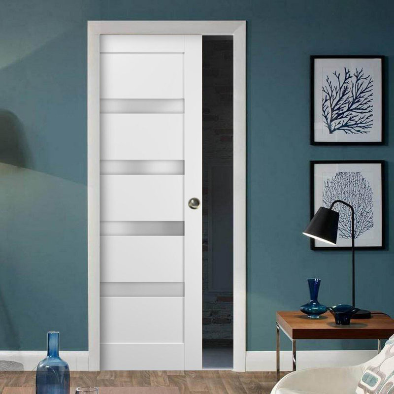Porte coulissante à panneaux 36 x 80 avec cadres Quadro 4113 Blanc Soie avec verre opaque dépoli, ensemble de garnitures, quincaillerie de rail, bois massif, intérieur, garde-manger, cuisine, chambre, garde-robe, portes robustes