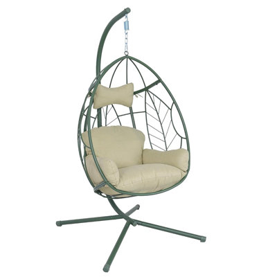 Fauteuil à œufs suspendu à motif de feuilles avec support, balancelle intérieure en osier avec coussin épais et appui-tête, fauteuil suspendu en rotin vert pour patio, balcon, chambre à coucher, salon
