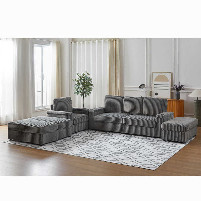 Corduroy Single Recline With 3-Seater Sofa, Grey