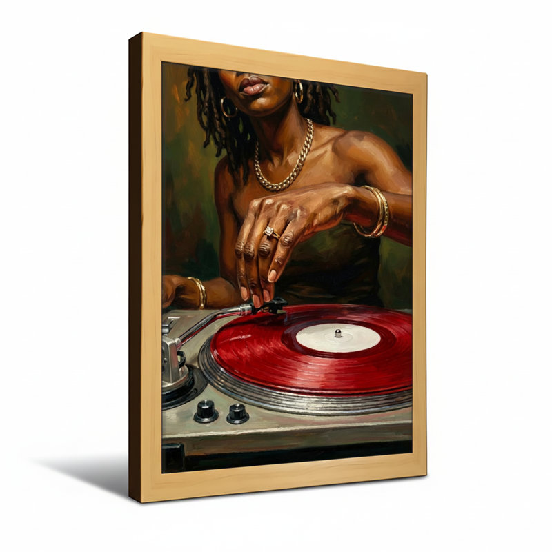 Femme à la mode avec tourne-disque vinyle sur platine, H 24 po x l 16 po, Toile tendue, Ne s’applique pas