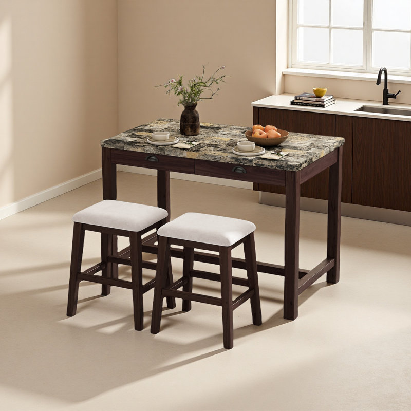 Table de salle à manger pour 4, table de cuisine et chaises de hauteur moderne à hauteur de comptoir avec 4 tiroirs de rangement, table de salle à manger en marbre avec 4 chaises rembourrées