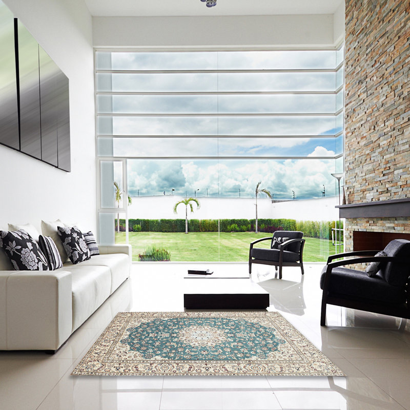 Tapis traditionnel beige / bleu Danko, Carré 5 pi