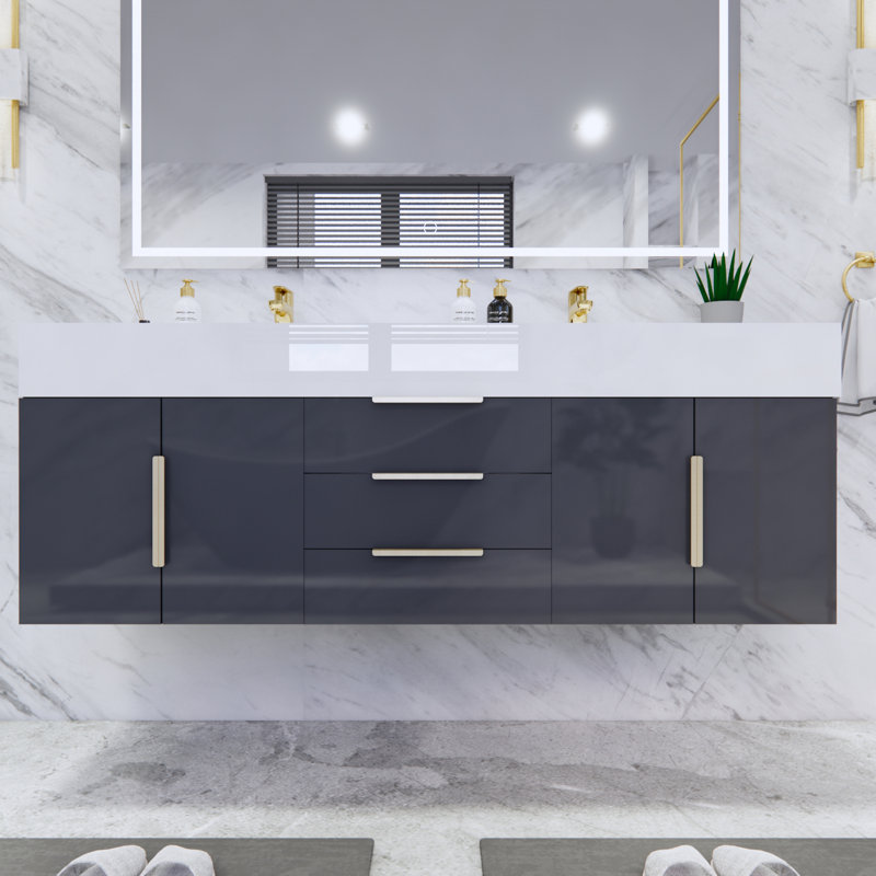 Ensemble de meuble-lavabo double mural l 59 po x P 19,75 po x H 22,25 po Glasgow, Blanc, Gris foncé à haute brillance
