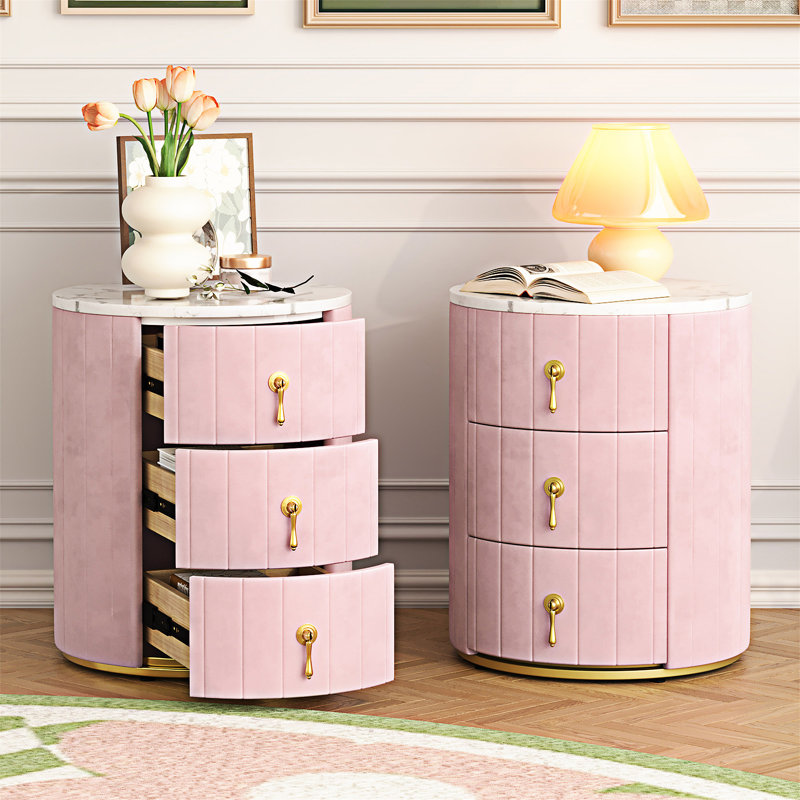 Table de chevet rembourrée avec 2 tiroirs, Rose