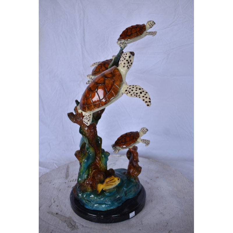 Four Turtles With Fish Bronze Statue On A Marble Base - Size: 16" X 12" X 22"H.