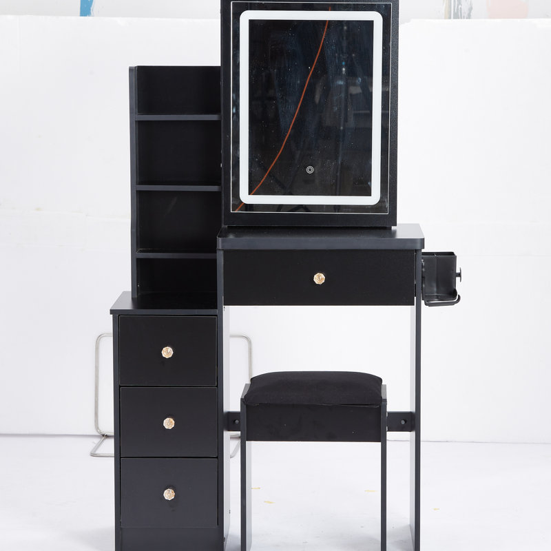 Meuble-lavabo de gauche avec tabouret rembourré, 2 prises de courant alternatif et 2 prises de courant, très grand miroir à DEL tactile, interrupteur, bureau de jeu noir + - Touch Control