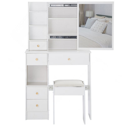 29.2" Small Space Left Drawer Desktop Vanity Table + Cushioned Stool, Extra Large Right Sliding Mirror, Multi Layer High Capacity Storage, Practical Fashionable Dresser, Suitable For Small Space