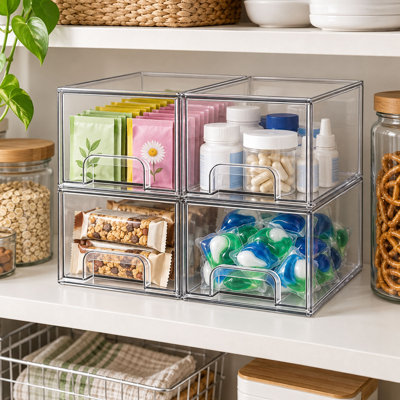 4-Pack Clear Stackable Storage Drawers for Bathroom and Desk Organization