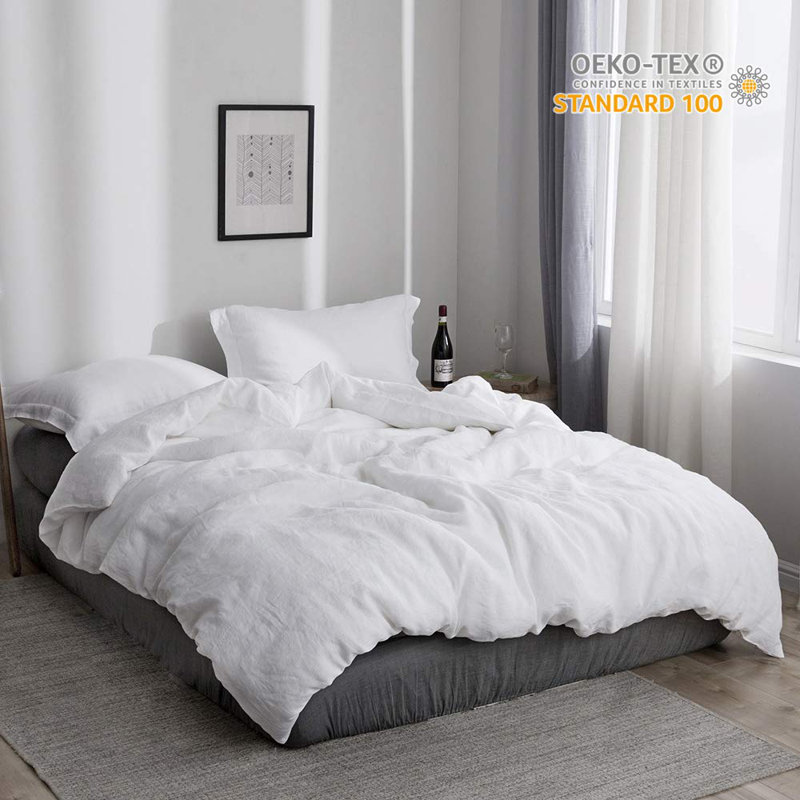 White Queen Size Linen Duvet Cover Set with Pillowcases