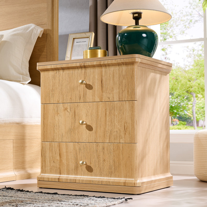 Abarca 23.6" Tall Modern Nightstand with Charging Station, 21.65" Wide Wood Bedside Table w/3 Storage Drawers, Large Mid Century End Table for Bedroom,Natural