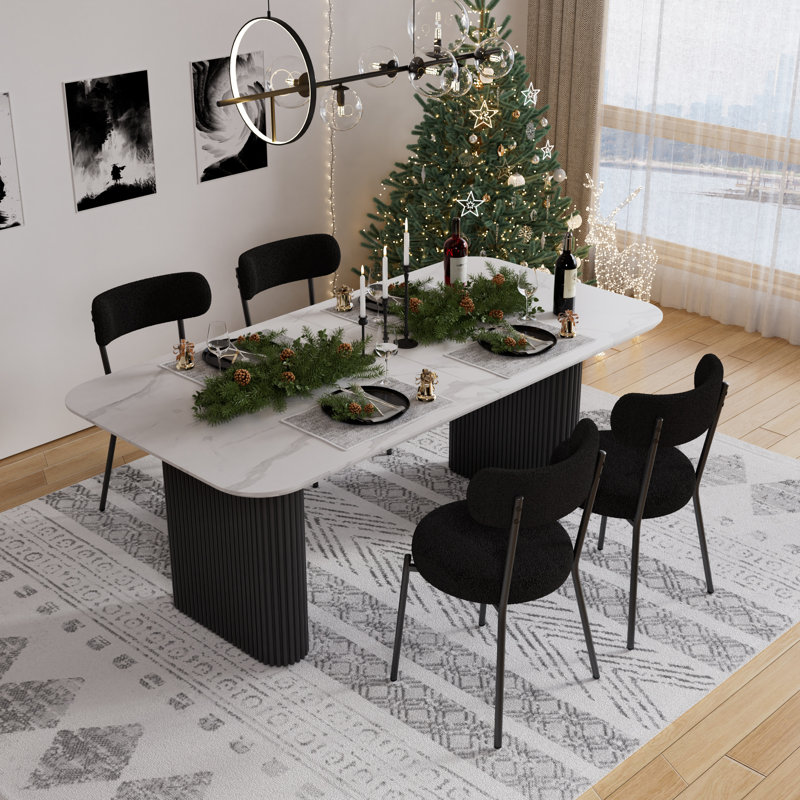 Ensemble de salle à manger rectangulaire à double piédestal avec table de salle à manger de style crème, Noir / Noir, Noir, 5