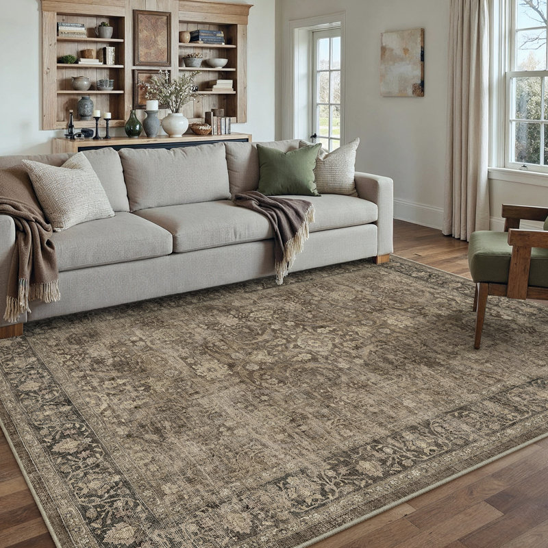 Bremerton Vintage Washable Brown Area Rug With Non-Slip Backing, Rectangle 6' x 9', Brown