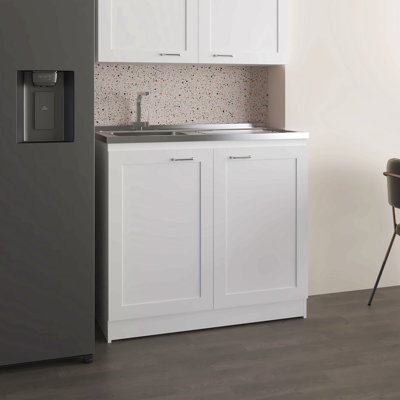 Évier utilitaire large de 39 po Zurich, armoire à deux portes avec deux tablettes, évier en acier inoxydable, salle de lavage, évier de garage, gris clair