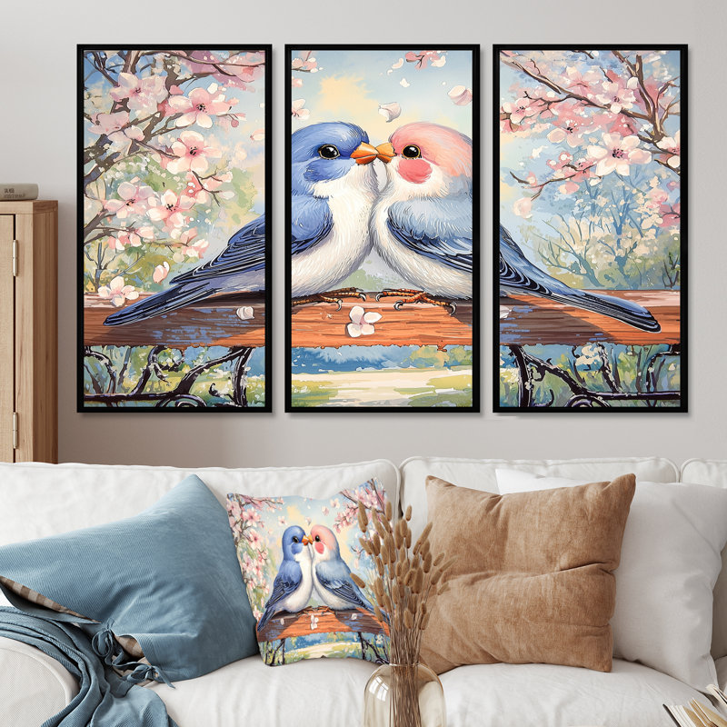 Ensemble de décorations murales Love Birds Springtime Blooms II - Bird, H 40 po x l 60 po, Reproduction avec cadre flottant