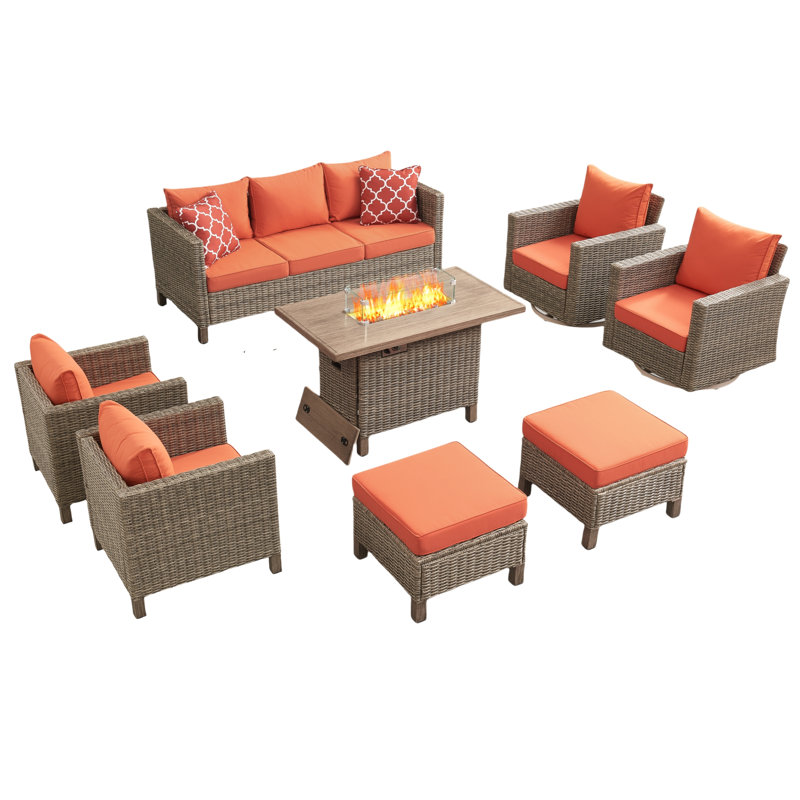 8 Piece Patio Outdoor Conversation Set With Swivel Chairs And Fire Pit Table, Orange