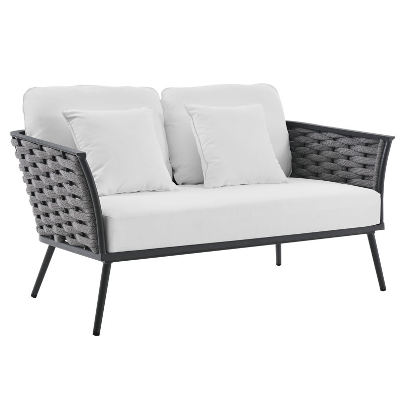 Stance Outdoor Patio Contemporary Modern Woven Rope Loveseat, White, Gray