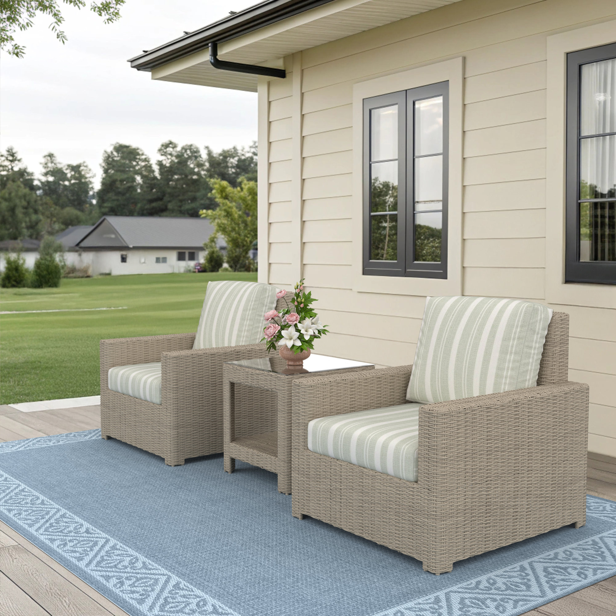 Outdoor Patio Lounge Chair With End Table Set And Sunbrella Cushions, Tranquil Sage