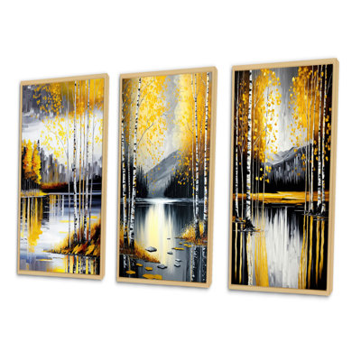 " Grey And Yellow Birch Trees By The Lake " 3 - Pieces