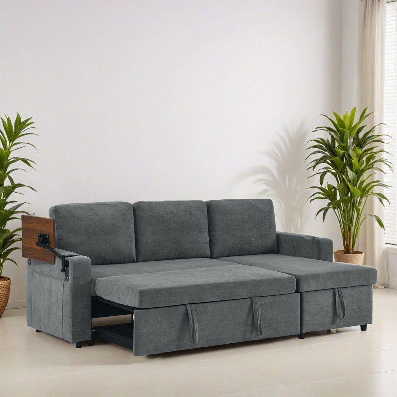 Canapé-lit modulaire réversible multifonctionnel 85,02 po avec table rétractable et éclairage DEL, ports de charge USB, Gris