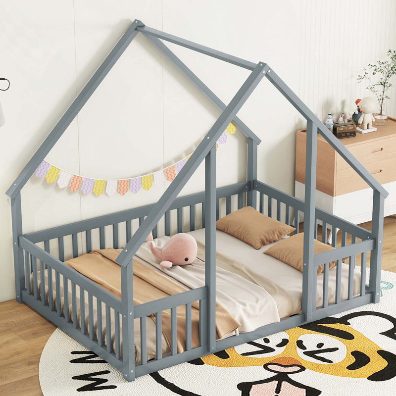 House-Shaped Floor Bed With Fence, Guardrails, Gray, Full