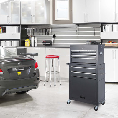 Coffre à outils, armoire de rangement à outils à 8 tiroirs avec coffre à outils amovible 2 en 1, doublure, roues verrouillables, crochets latéraux, mécanisme de verrouillage, chariot à outils en métal pour le garage