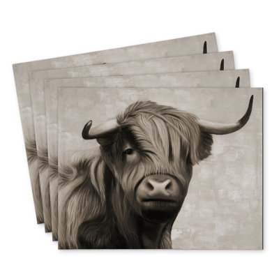 Highland Cattle Sepia Polyester Orlane Set of 4 - Home Decor