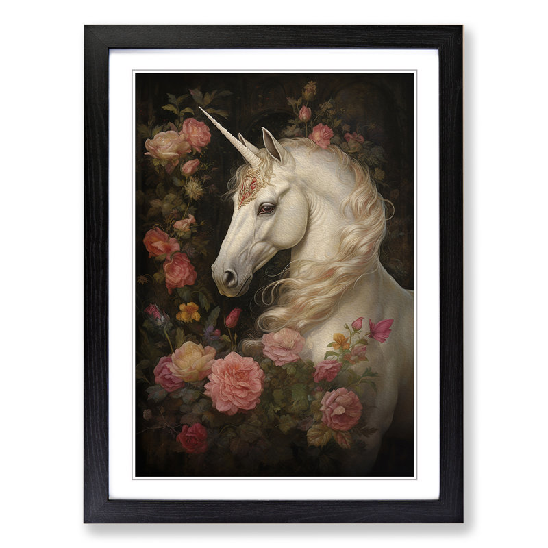XYZ-FRM-V1223-1665 Unicorn Victorian - Single Picture Frame Print on Wood, 34cm H x 25cm W x 2cm D, Black