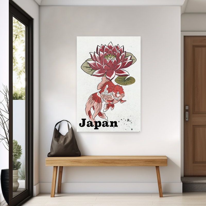 Traditional Japanese Lotus Goldfish Peaceful Serene Traditional Goldfish Fish Lily Flower Nature Wall Art Print 1 Piece Wrapped Canvas Wall Art