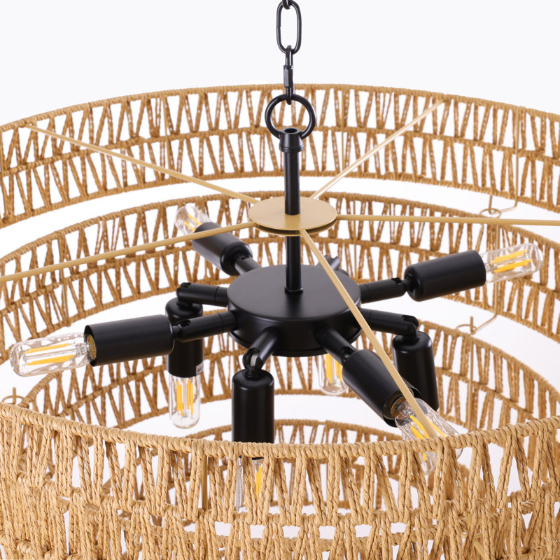 Caytlen 8-Light Dimmable Hand-Woven Rattan Tiered Chandelier