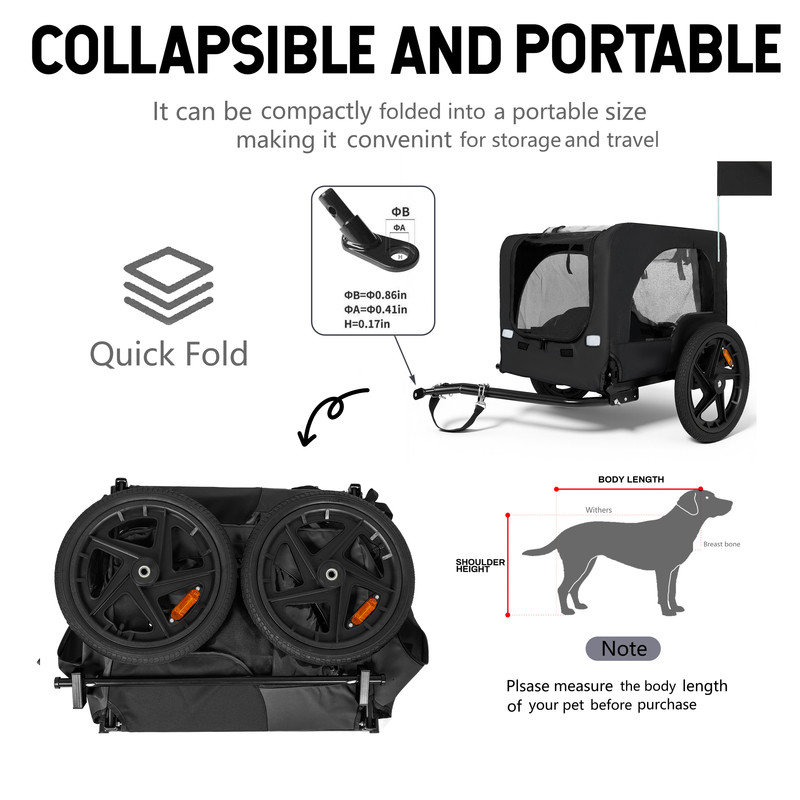 Remorque de vélo durable pliable pour animaux de compagnie, roues tout-terrain de 16 pouces, attelage universel, transporteur pliable pour vélos, noir
