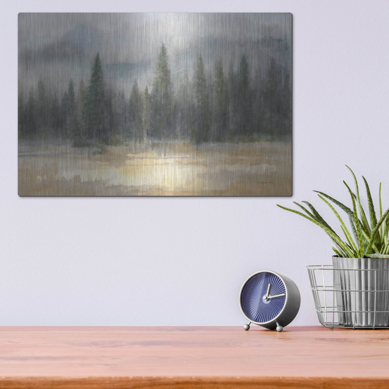 Art mural en métal  «Misty Pines» par Danhui Nai, H 12 po x l 16 po