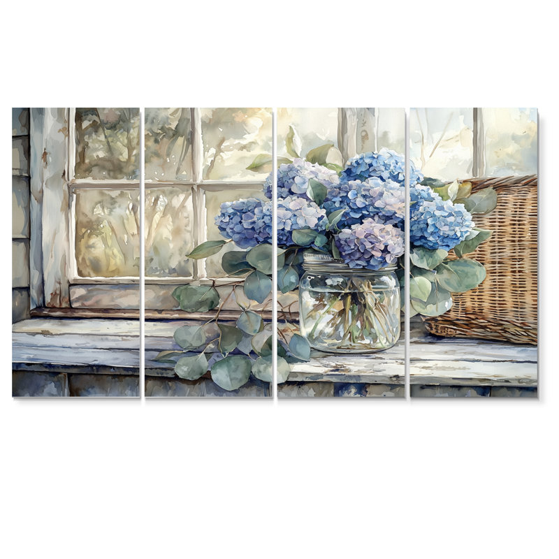 Hortensias et eucalyptus I - Art mural hortensia - Art mural traditionnel, H 32 po x l 64 po, 4
