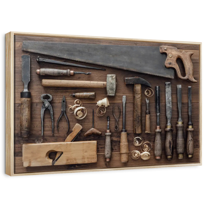 Vieux outils de menuiserie, Cadre flottant en bois naturel, 37 po x 25 po