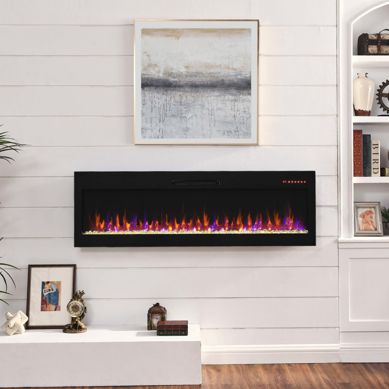 60 Inch Wall Mounted Electric Fireplace, 1400W Heat, 16 Flame Colors, Overheat Protection, Antique Black & Recessed Powder Coated
