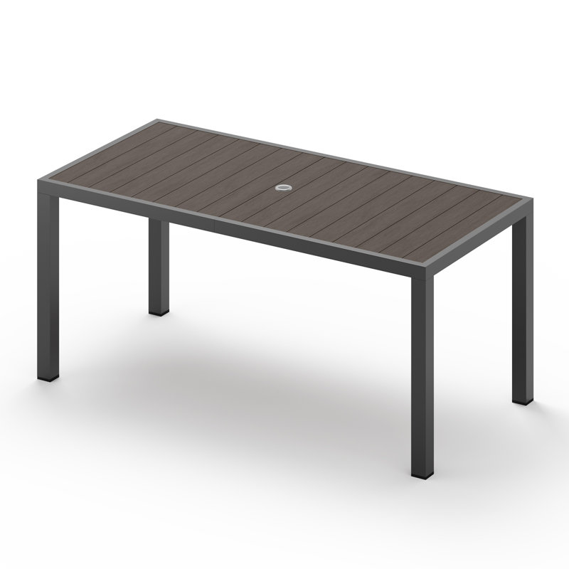 Table de jardin rectangulaire de 170 cm (67 po) avec structure en aluminium, plateau en polystyrène expansé imitation bois et trou pour parasol de 4 cm (1,6 po).