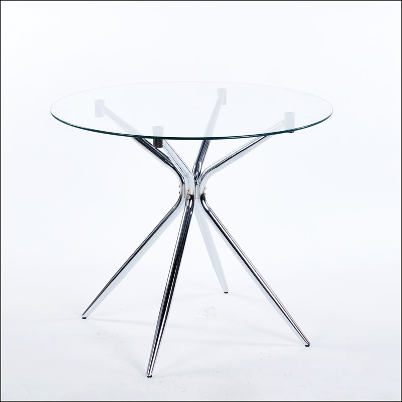 Table de salle à manger moderne en verre trempé avec pieds en métal chromé, peu encombrante et élégante pour tout salon