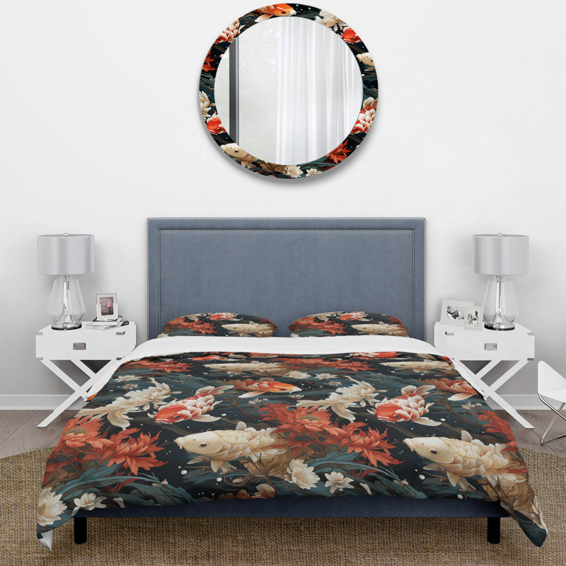 Ensemble de housse de couette Koi Pond Reflections I, Housse de couette simple + 1 taie décorative stan