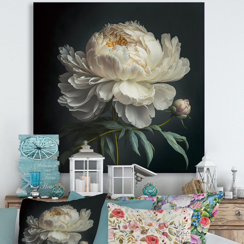 Blooming White Peony V - Art mural pivoine, H 16 po x l 16 po, Toile tendue, Sans cadre