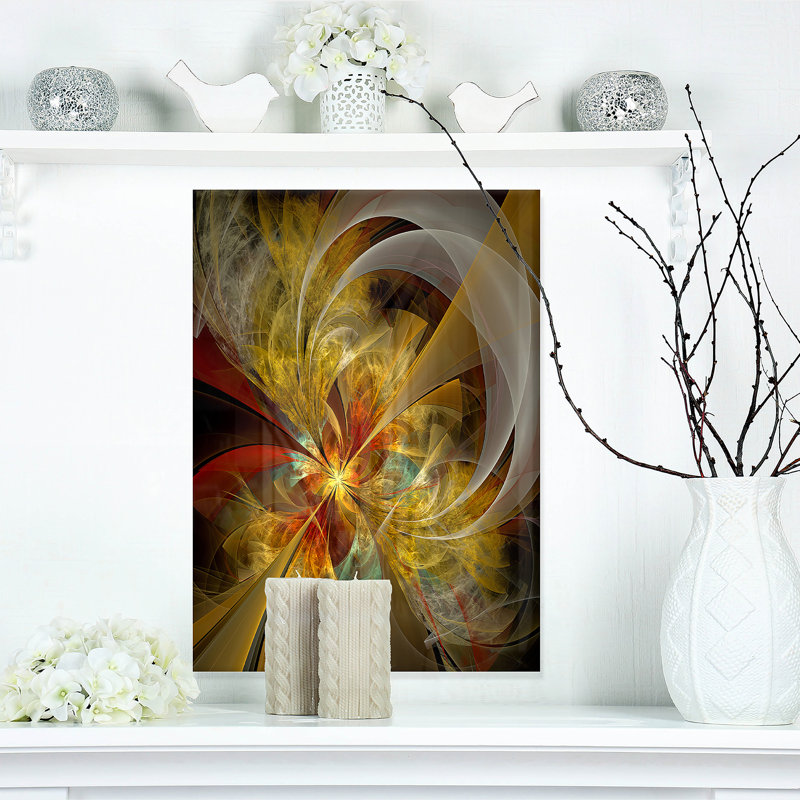 Motif de fleurs symétriques jaune vif - art moderne sur métal, H 20 po x l 12 po x P 2 po