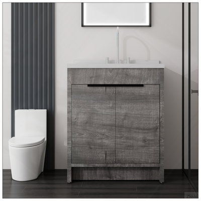 Meuble-lavabo autoportant de 30 po avec lavabo, porte à fermeture douce, comptoir et dosseret en marbre de culture blanc de 2 po Carrara, contreplaqué, gris