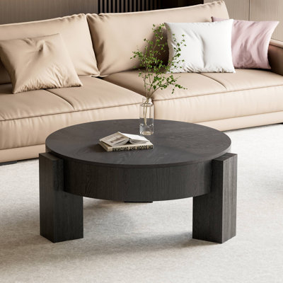 Table basse ronde de 33 po avec rangement caché, table de chevet moderne en placage de bois Wabi-Sabi, table d'appoint centrale robuste à 3 pieds pour le salon, petit espace