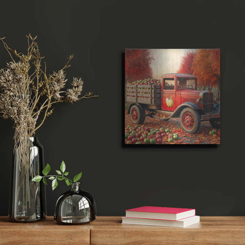  «Vintage Red Truck At Orchard 3» par Rey Klimt, art mural en métal, 12 po x 12 po, H 12 po x l 12 po