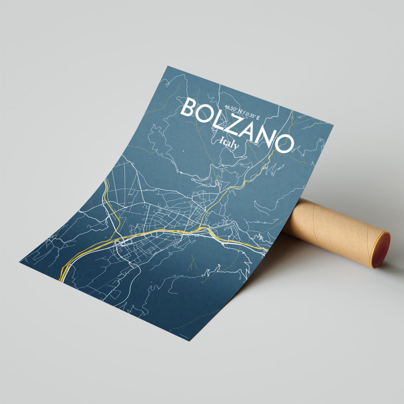 «Bolzano City Map», impression, Bleu / jaune, H 24 po x l 18 po x P 0,05 po