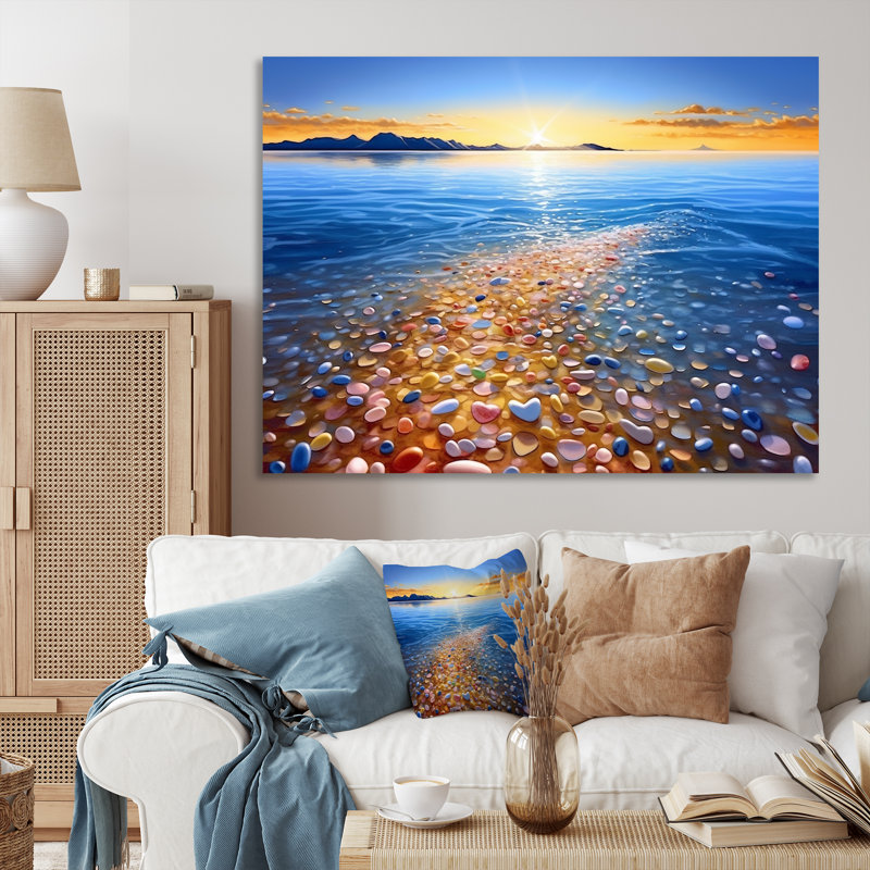 Décoration murale formes abstraites au lever du soleil sur la plage de galets, H 24 po x l 32 po, Toile tendue