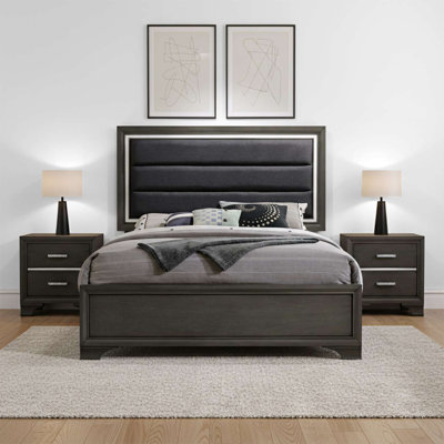 Ensemble de chambre à coucher 3 pièces moderne gris anthracite avec très grand lit tapissier et 2 tables de chevet