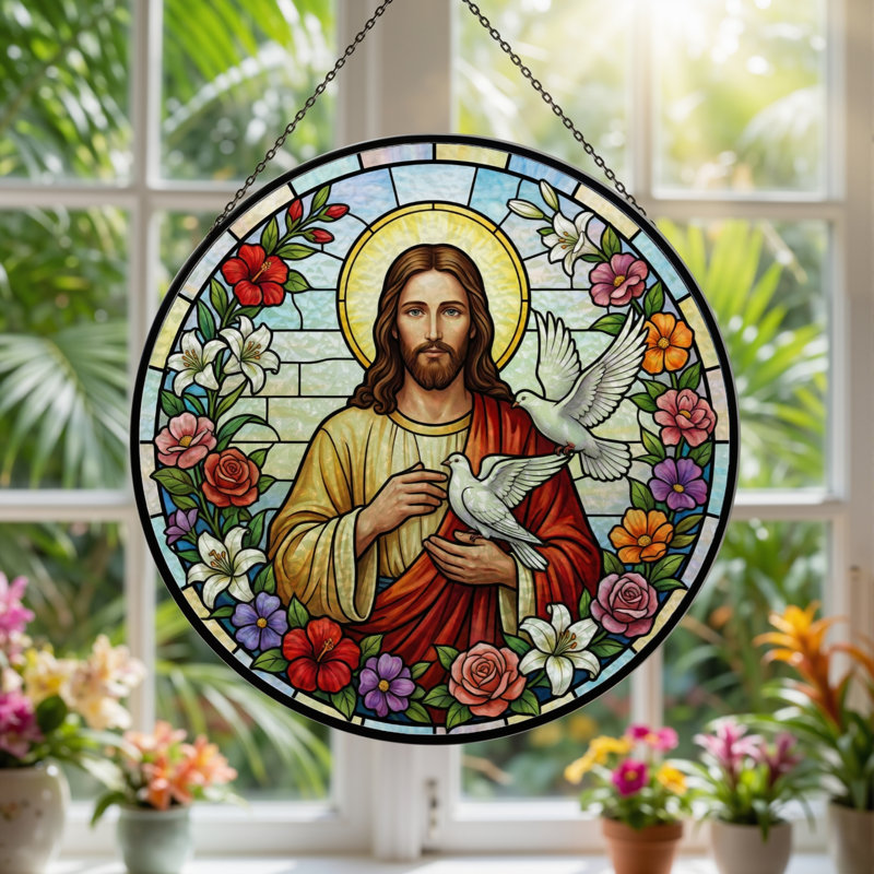 Panneau de vitrail en verre coloré Jesus Doves ， H 12 po, H 12 po