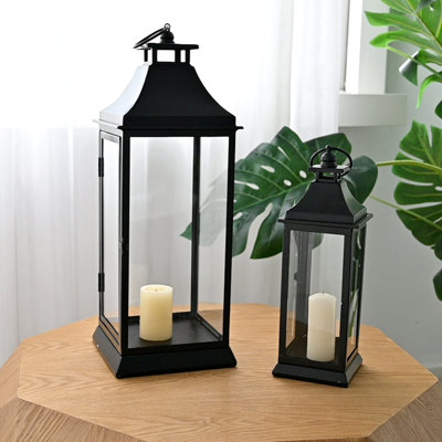 Lantern Rustic Farmhouse Decor, Set Of 2 Metal Candle Lantern With Glass Panels, Black Decorative Lanterns For Outdoor Indoor, Table, Fireplace, Patio, Christmas (candle Not Included)